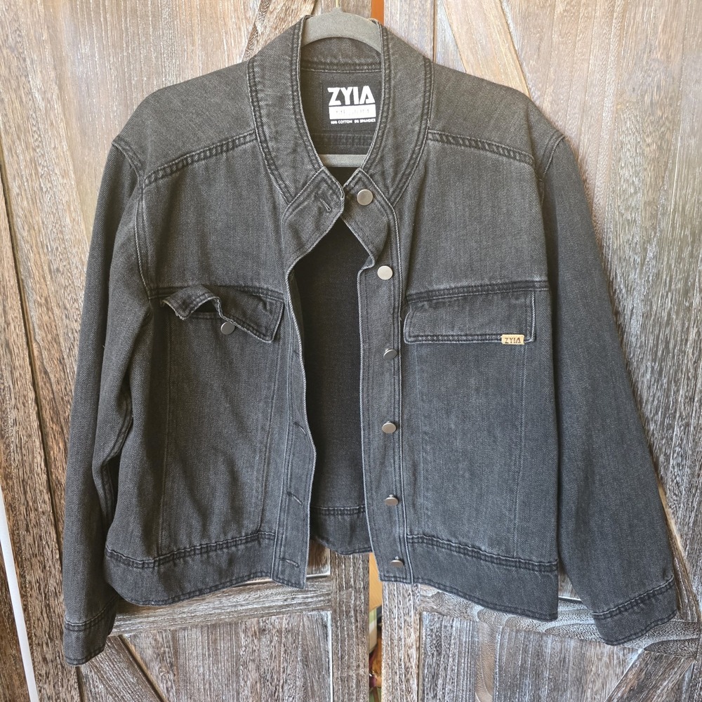 Zyia Jacket Women's Size Medium Black Denim Coat Buttons Pockets Stretch